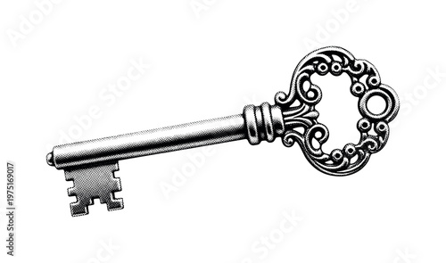 An antique Victorian skeleton key with a richly decorated bow featuring ornamental borders, isolated in minimal composition, black and white halftone
