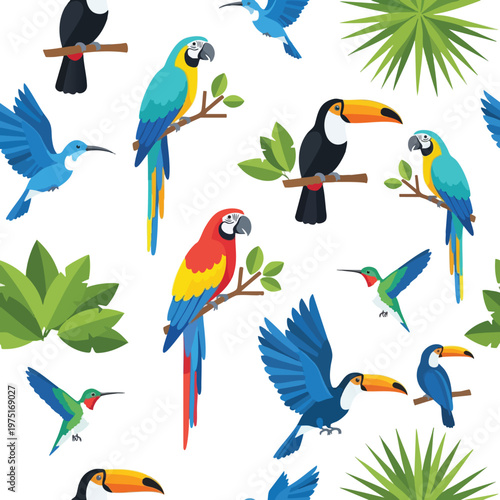 Colorful tropical birds, including macaws, toucans, and hummingbirds, perch and fly amidst lush green foliage