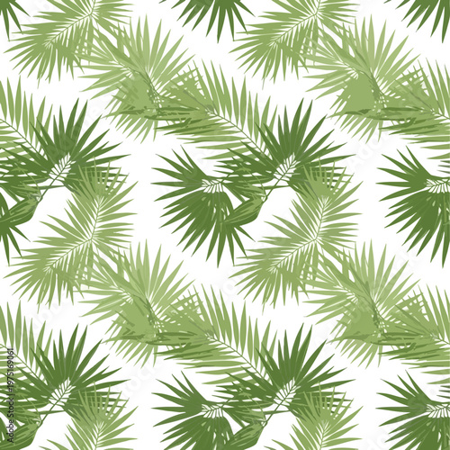 Overlapping green palm fronds create a dense, organic pattern against a white background