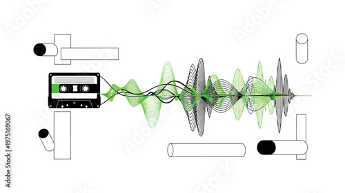 cassette tape evolving into digital waveform design, monochrome tape unraveling into smooth lines and geometric wave patterns, rectangles and cylinders forming