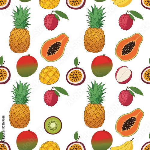 A seamless pattern featuring a variety of colorful, stylized tropical fruits