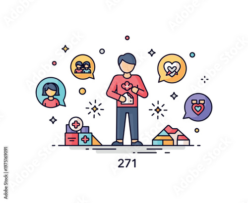 Emotional recovery journey scene showing a person rebuilding with small supportive icons and gentle spark accents conveying resilience, healing, and progress.