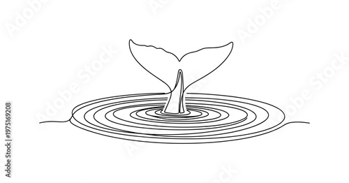 Ocean Rhythm. Minimalistic one-line drawing a whale tail creating circular ripples in water, continuous single black line on white background, simple outline