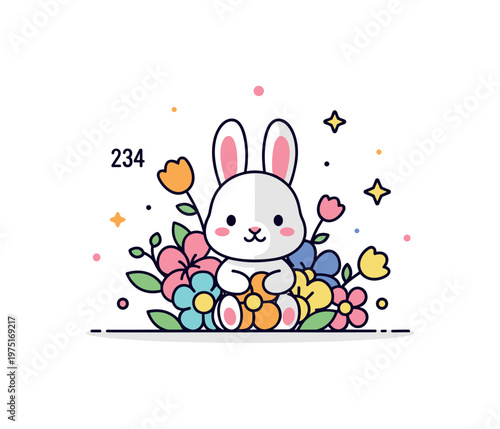 Tiny bunny in flowers charming little bunny nestled among colorful flowers with soft petals and subtle sparkles creating a cozy and playful illustration.