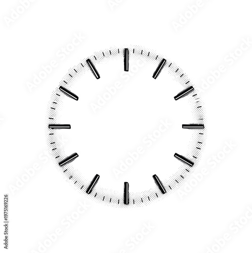 A minimalist clock dial with engraved tick marks and subtle halftone gradients emphasizing depth, black and white illustration, vintage editorial aesthetic,