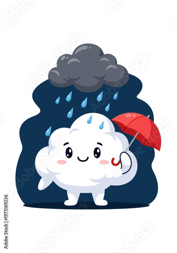 Smiling Cloud Holding Red Umbrella.