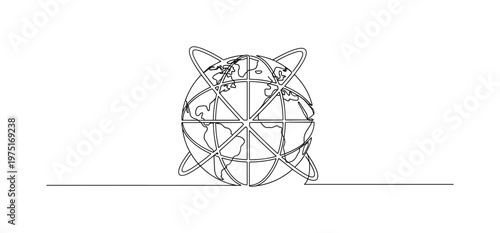 International Network Illustration. Minimalistic one-line drawing abstract globe with crossing route paths encircling it, continuous single black line on white