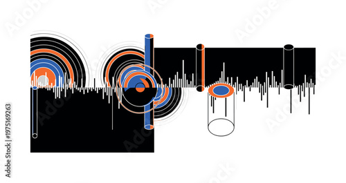 music frequency spectrum with layered circles cylinders and geometric shapes, black and white abstract analog sound frequency spectrum with collage cut-out