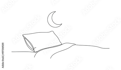 Nighttime Relaxation Scene. Minimalistic one-line drawing pillow and blanket outline with moon floating above, continuous single black line on white