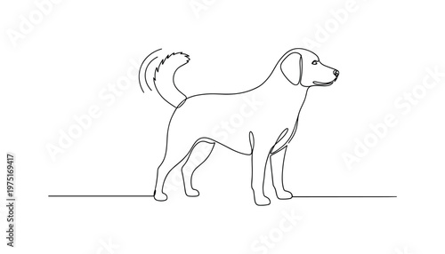 Happy Companion. Minimalistic one-line drawing a dog standing relaxed with a gently wagging tail, continuous single black line on white background, simple