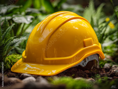 Bright yellow construction helmet resting on forest ground surrounded by green moss and foliage symbolizing safety and environmental awareness in nature