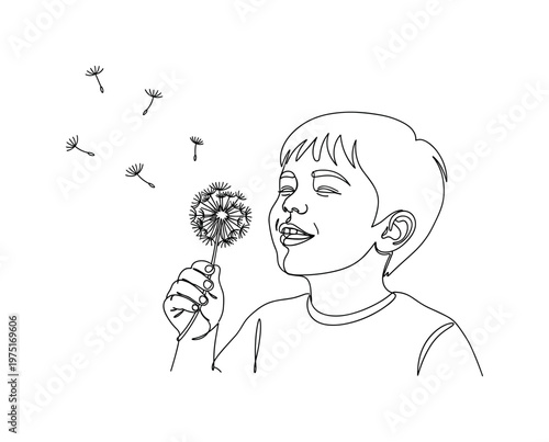 Carefree Joy. Minimalistic one-line drawing a smiling child blowing a dandelion with scattered seeds, continuous single black line on white background, simple