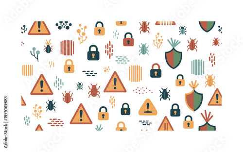 system vulnerability symbols seamless pattern, repeating pattern, surface design, textile print, soft color palette, modern illustration, no shadows, flat