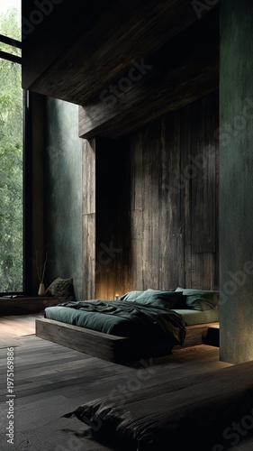 Modern tropical bedroom with dark wood walls, minimalist design, low bed with dark green sheets, soft fabric textures, enclosed interior, low mood lighting, and calm atmosphere.