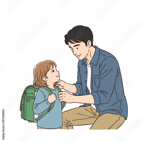 Father adjusts daughter's backpack, preparing her for a day out