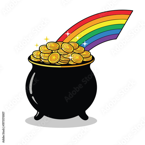 Black pot overflowing with gold coins, rainbow arching over
