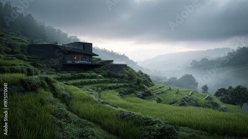 A contemporary villa incorporated into rice terraces, dark architecture blending into the scenery, lush green fields, gentle mist, and a dramatic sky.