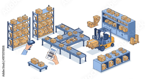 Isometric illustration of a fulfillment center showcasing warehouse automation, featuring parcel sorting on conveyors, a forklift moving boxes, and workers scanning packages, all set