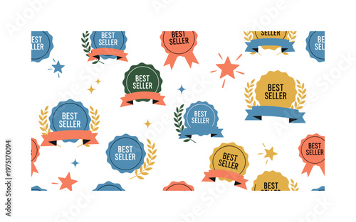 best seller badge seamless pattern, repeating pattern, surface design, textile print, soft color palette, modern illustration, no shadows, flat lighting,