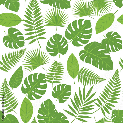 A seamless pattern of various green tropical leaves on a white background