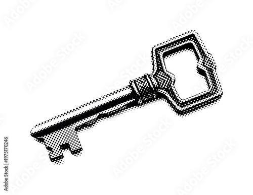 A ceremonial antique key with elaborate baroque engravings and an elongated ornate shaft, shown alone with slight cropping, black and white halftone