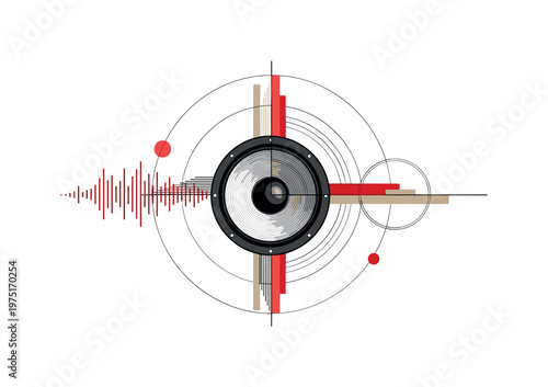 retro speaker emitting rhythmic sound pulses, black and white speaker cone merged with expanding rings and abstract bars, geometric symmetry with clean lines