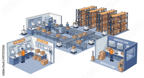 Isometric vector illustration showing warehouse automation, featuring parcel sorting on conveyor belts and AGV robots moving goods in a large fulfillment center with industrial storage