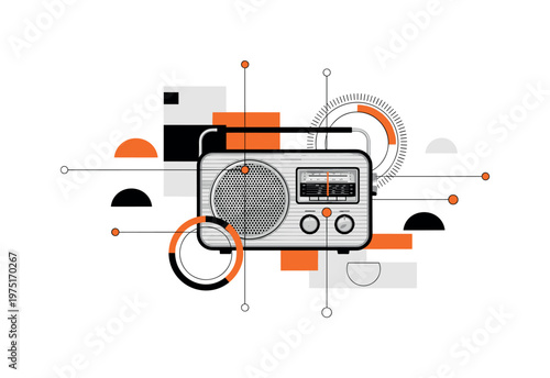 retro radio merging with digital interface elements, monochrome radio combined with clean grid lines and circular UI-inspired shapes, abstract blocks and