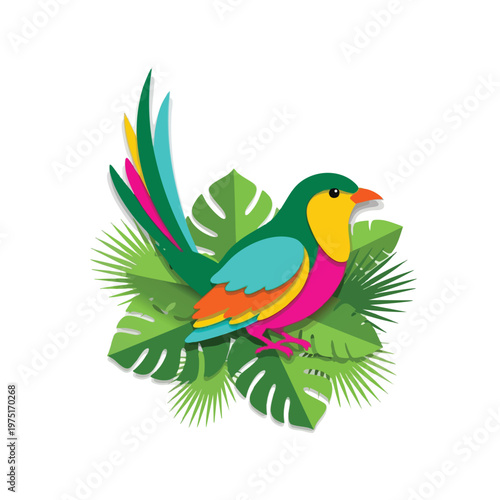 Colorful tropical bird perched on lush green foliage