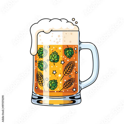 A frothy mug overflowing with beer, decorated with hops, wheat, and stars