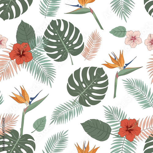 A tropical pattern with red hibiscus, orange bird of paradise flowers, and green monstera leaves