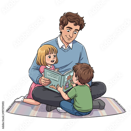 Father reading a book to his children on a striped rug