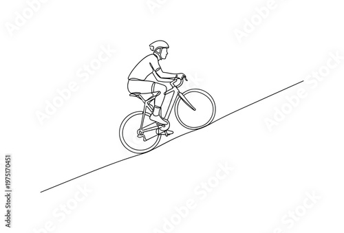 Steady Ascent. Minimalistic one-line drawing a cyclist climbing a hill with smooth continuous contours, continuous single black line on white background,