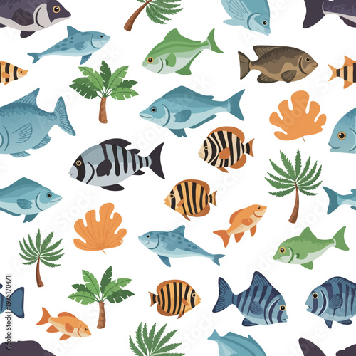 Repeating pattern of diverse stylized fish, coral, and palm trees on a white background