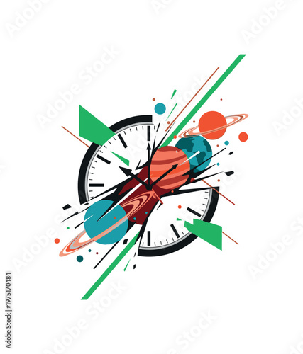fragmented clock with planets breaking through its structure, green geometric shapes and sharp lines slicing through composition, flat colors and strong