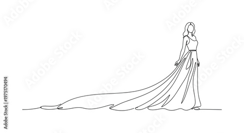 Silk Flow. Minimalistic one-line drawing a woman with a long dress trailing behind in elegant curves, continuous single black line on white background, simple