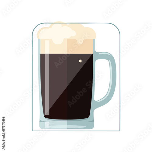 A glass mug filled with dark beverage and frothy head