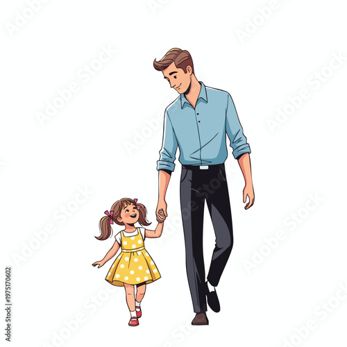 A man and a young girl walking hand-in-hand, smiling