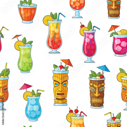 Whimsical pattern of colorful tiki drinks and carved masks on a white background