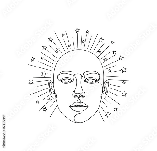 Cosmic Portrait. Minimalistic one-line drawing a human face surrounded by small stars forming a celestial aura, continuous single black line on white