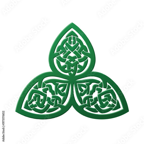 Intricate green interwoven knot forming a three-pointed symmetrical design