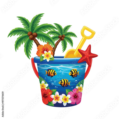 Beach bucket with palm trees, flowers, fish, shovel and starfish