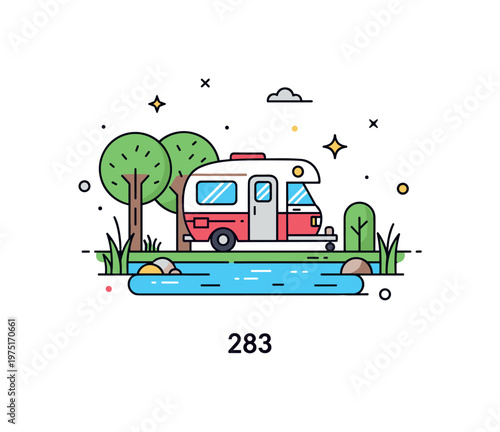 Tiny camper lake scene adorable little camper van parked next to a tranquil lake with trees, gentle reflections, and subtle sparkles decorating the scene.