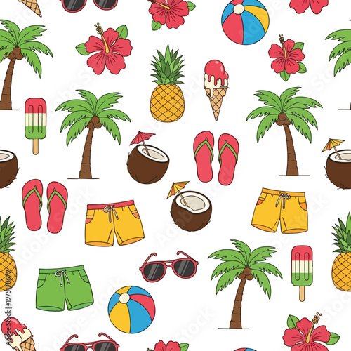 Tropical summer seamless pattern with beach icons, plants, and food