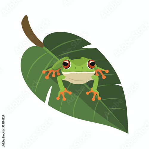 A cartoon green frog with bright red eyes rests on a large green leaf