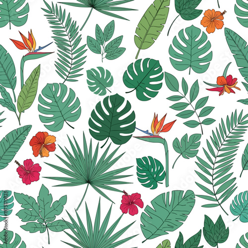 Tropical foliage and vibrant flowers create a lively, repeating pattern
