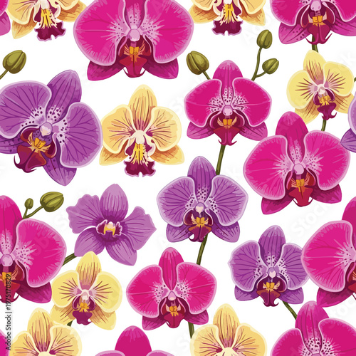 Vibrant, repeating pattern of pink, purple, and yellow orchids with buds