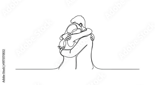 Safe Embrace. Minimalistic one-line drawing a couple holding each other closely in a protective hug, continuous single black line on white background, simple