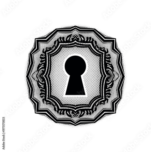 A symbolic vintage insignia with layered ornamental borders and a stark keyhole silhouette, presented centrally with minimal composition, black and white