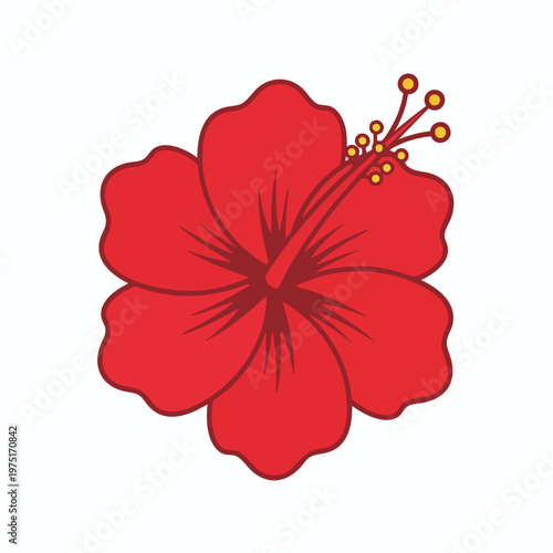 A simple, flat illustration of a vibrant red hibiscus flower on a white background
